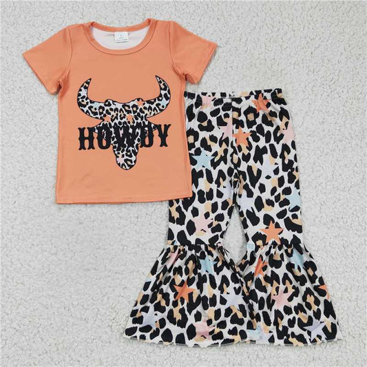 GSPO0305 Girls Printed Alphabet Leopard Bull Head Short Sleeve Trousers Set