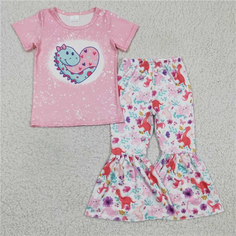 GSPO0283  Girls Pink Love Dinosaur Short Sleeve Trousers Suit