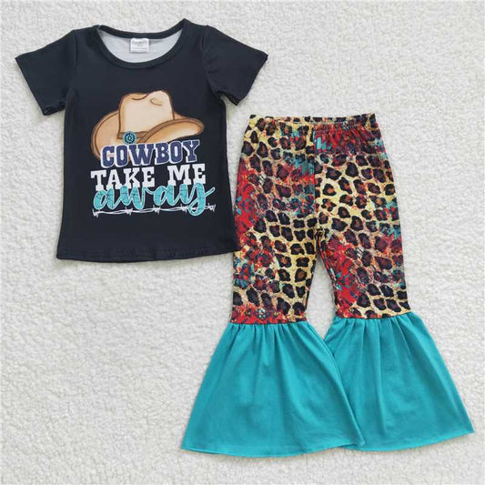 GSPO0373 Girls Hat Black Short Sleeve Leopard Pants Set