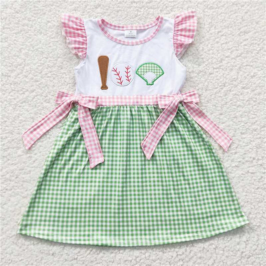 GSD0278 Pink Embroidered Baseball Green Plaid Fly-Sleeve Dress