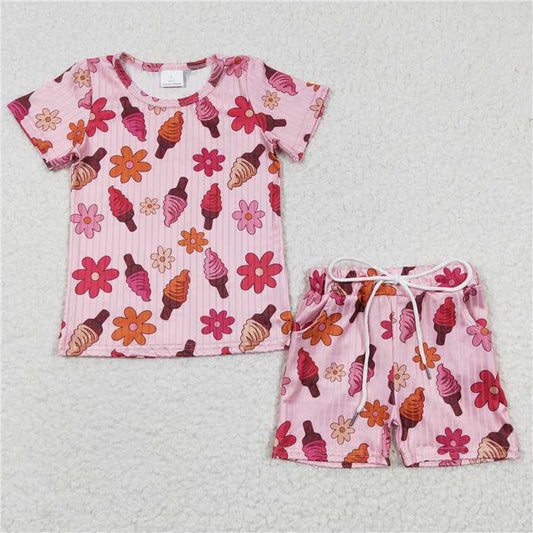 GSSO0230 Girls Ice Cream Flower Pink Short Sleeve Shorts Set