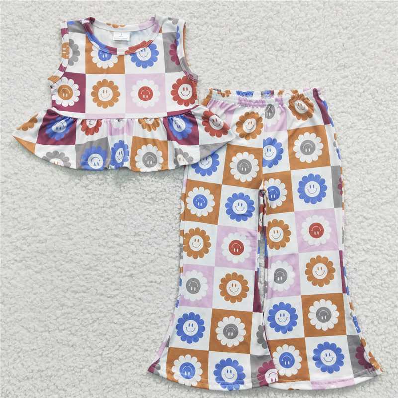 GSPO0472 Girls Colorful Smiley Flower Sleeveless Pants Set