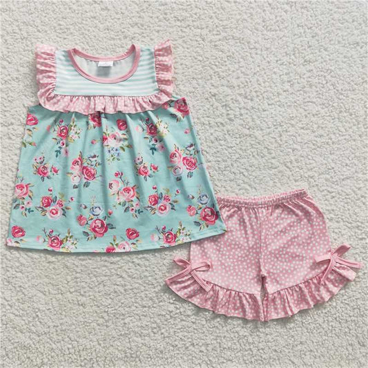 GSSO0215  Girls Floral Green Stripe Sleeveless Pink Shorts Set