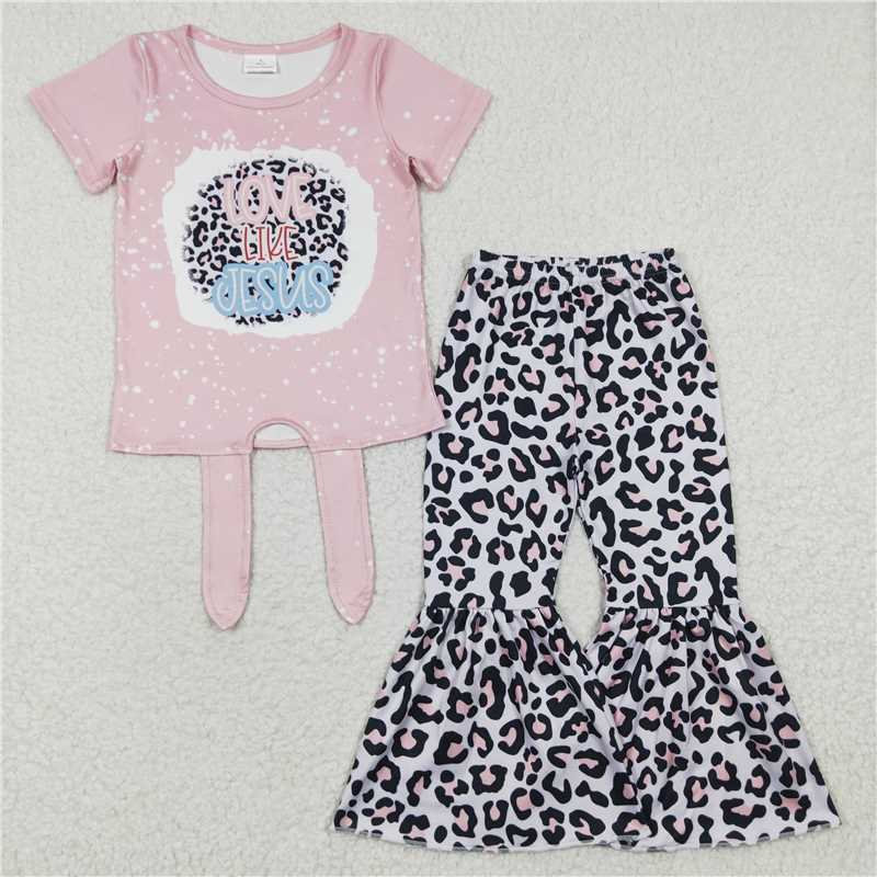 GSPO0518 Girls Pink Short Sleeve Leopard Trouser Set