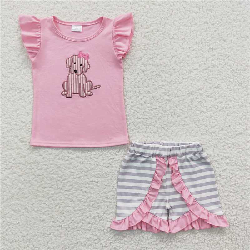 GSSO0223 Girls Embroidered Puppy Pink Flying Sleeve Shorts Set