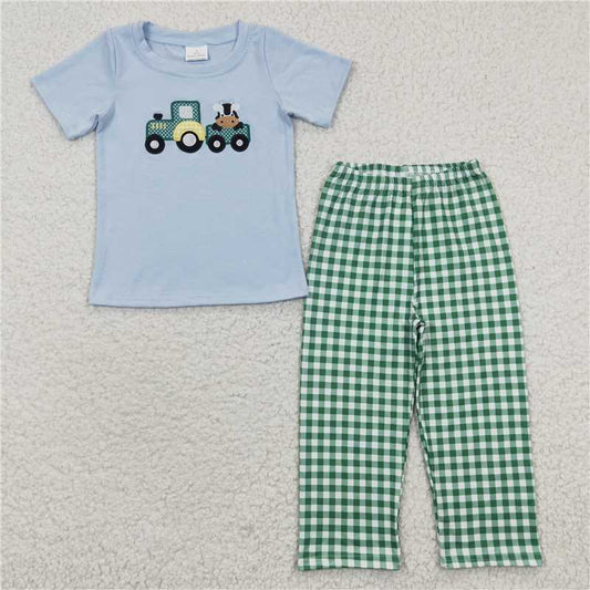 BSPO0089 Boys Embroidered Car Cow Blue Short Sleeve Green Check Pants Set