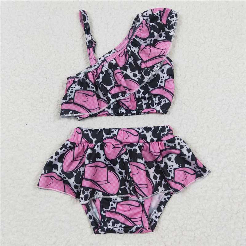 S0098 Rose Red Hat Cow Pattern Swimsuit Set