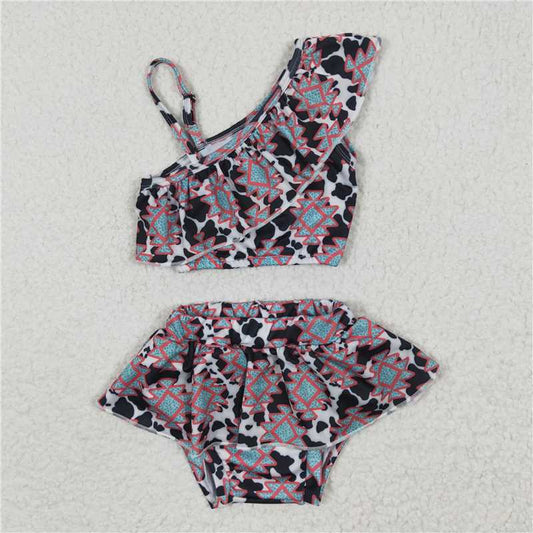 S0038 Girls Cow Print Geometric Swimsuit Set