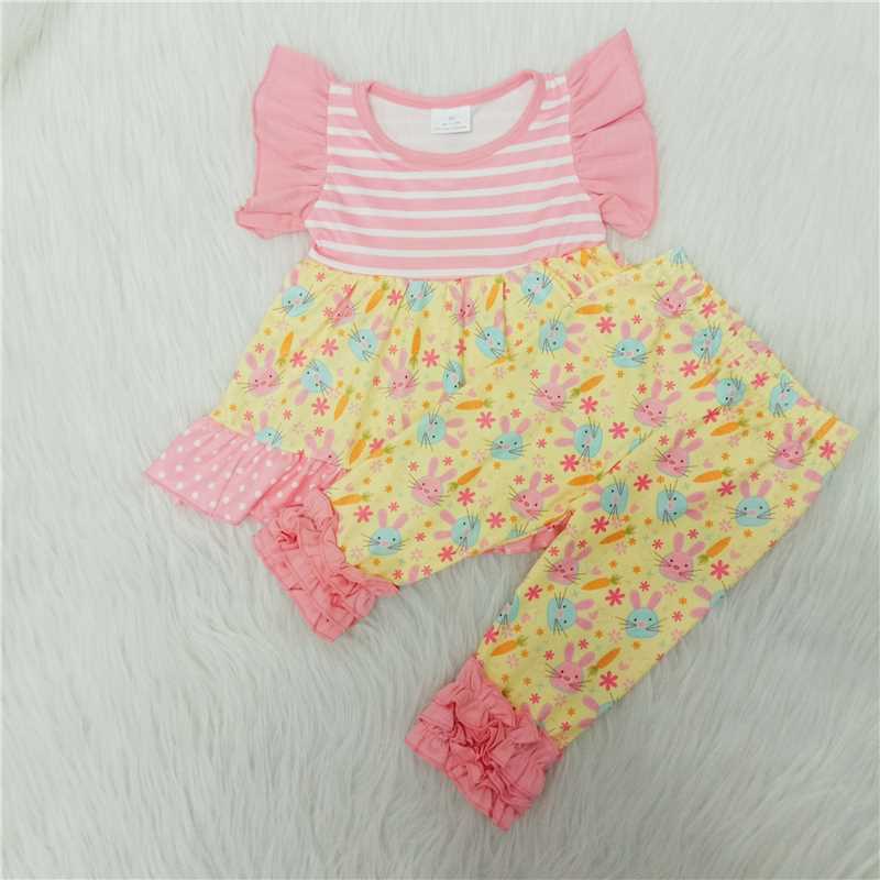 girl pink stripe dot top and icing ruffle pants set kids bunny short sleeve outfit