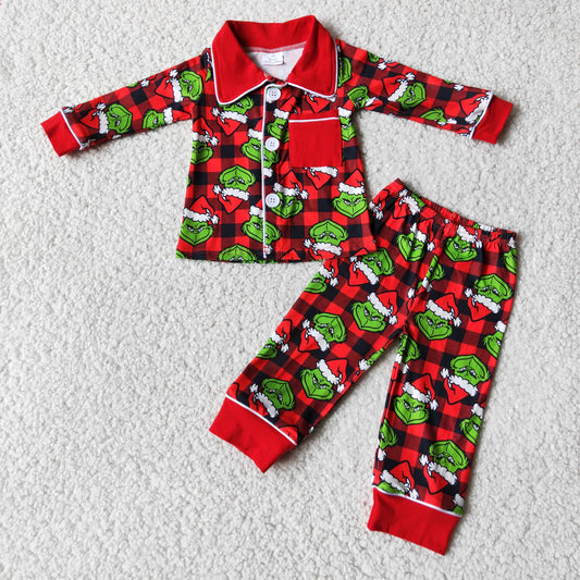 6 B1-25 boy merry christmas red black plaid long sleeve turn-down collar pajamas set