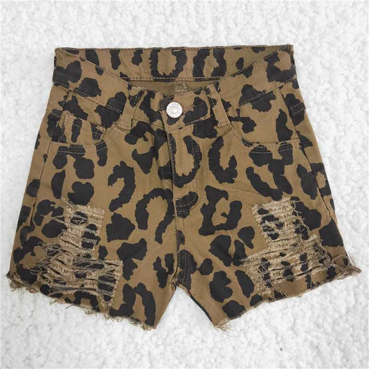 girl summer leopard holes denim shorts