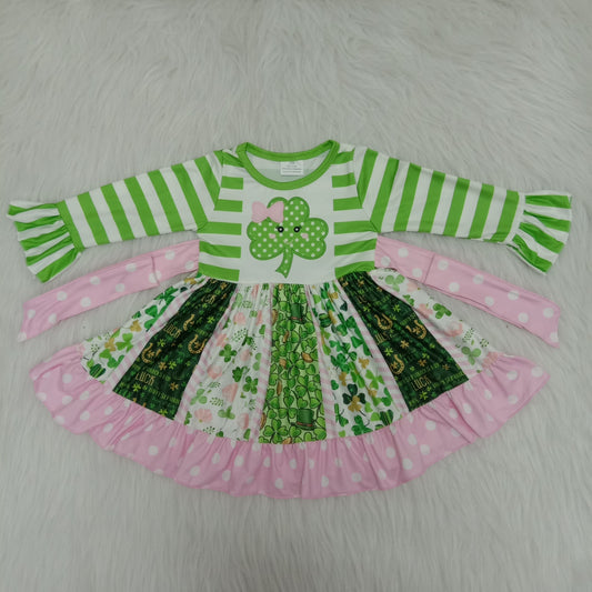 girl fashion stitching pattern luck leaf twirl dress st patrick day long sleeve frock with belt