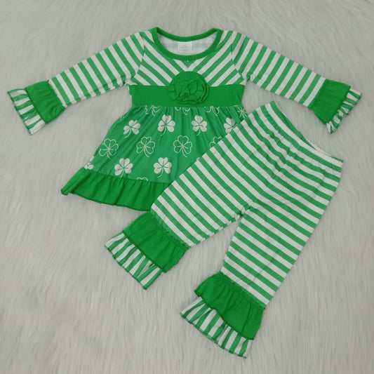 girl green stripe long sleeve outfit kids luck leaf clothes with ruffle