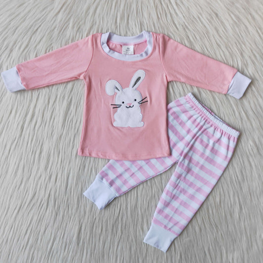 girl cotton easter day long sleeve outfit with bunny embroidery