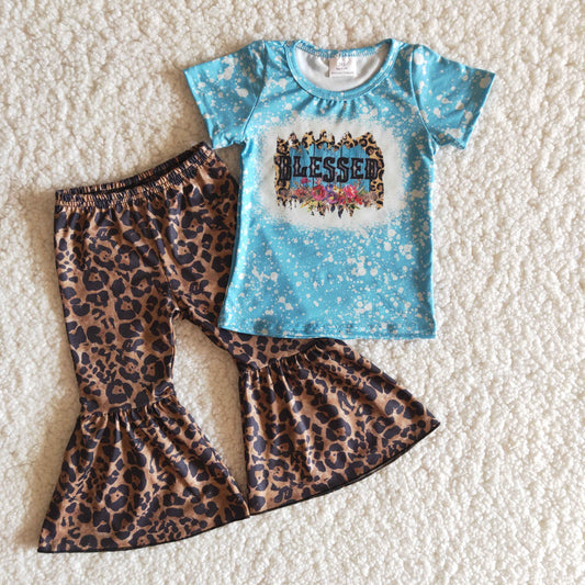 girl blessed letter outfit with leopard pants