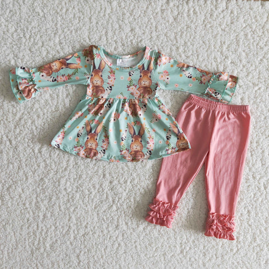 girl cute bunny print top and pink pants outfit