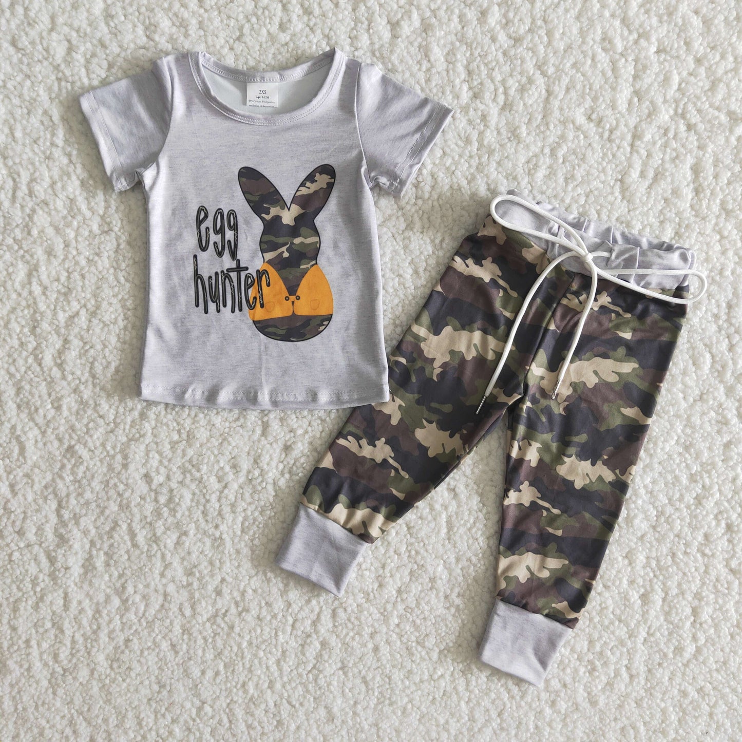 boy gray short sleeve top and camo pants suit for easter day