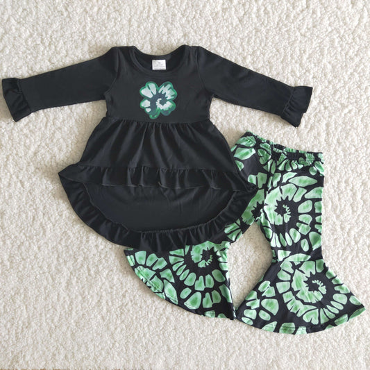 girl black top and tie dye flare pants set with luck leave kids St Partrick outfit