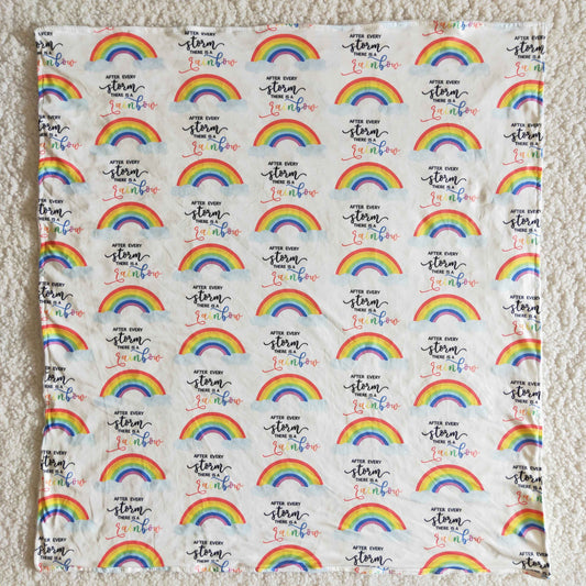 infant white soft blanke with rainbow print