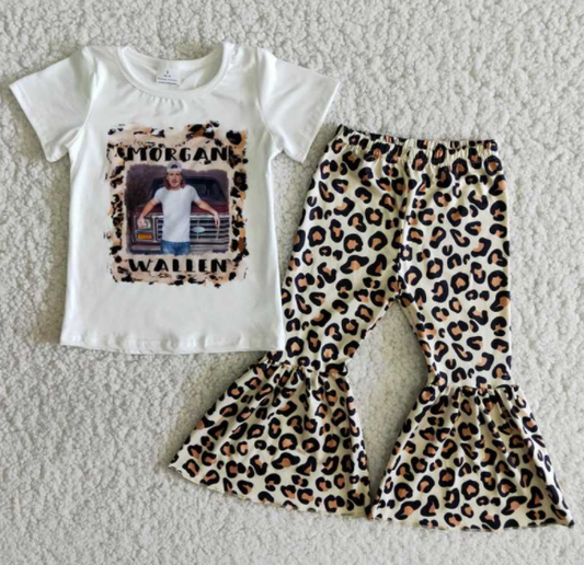 fashion girl white short sleeve top match leopard bell pants 2pieces set