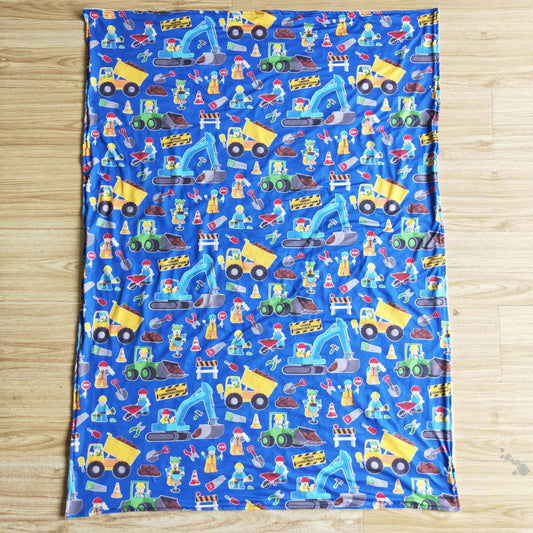 new arrival infants excavator and workers Pattern blanket with blue color