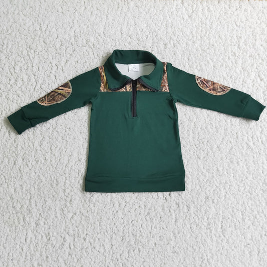 camo stitching boy dark green top