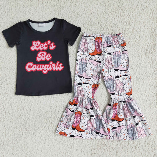 new arrival kids black top bell bottoms 2pieces set girl summer fashion outfit