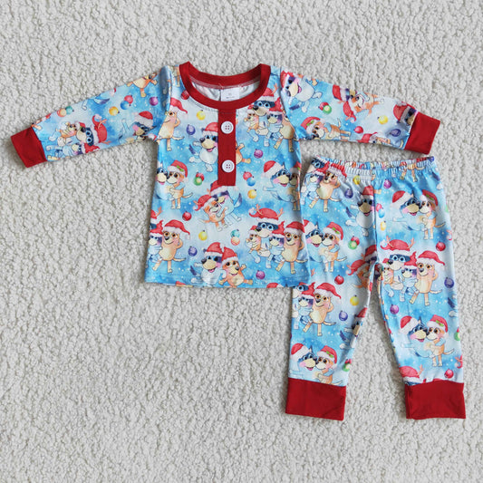 boy long sleeve outfit with red o-neck kids pajamas set with bottons