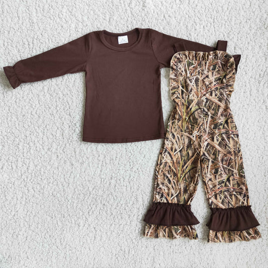 fashion girl brown t-shirt match jumpsuit 2pieces set for spring autumn