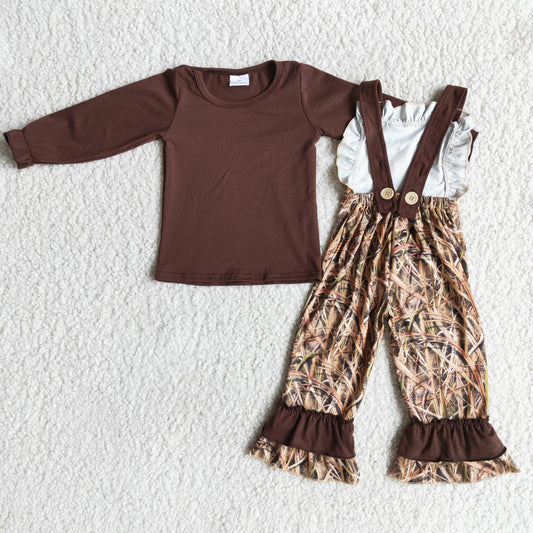 fashion girl brown t-shirt match jumpsuit 2pieces set for spring autumn