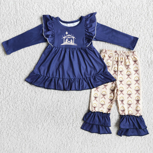 girl dark blue tunic top and ruffle pants 2pieces set