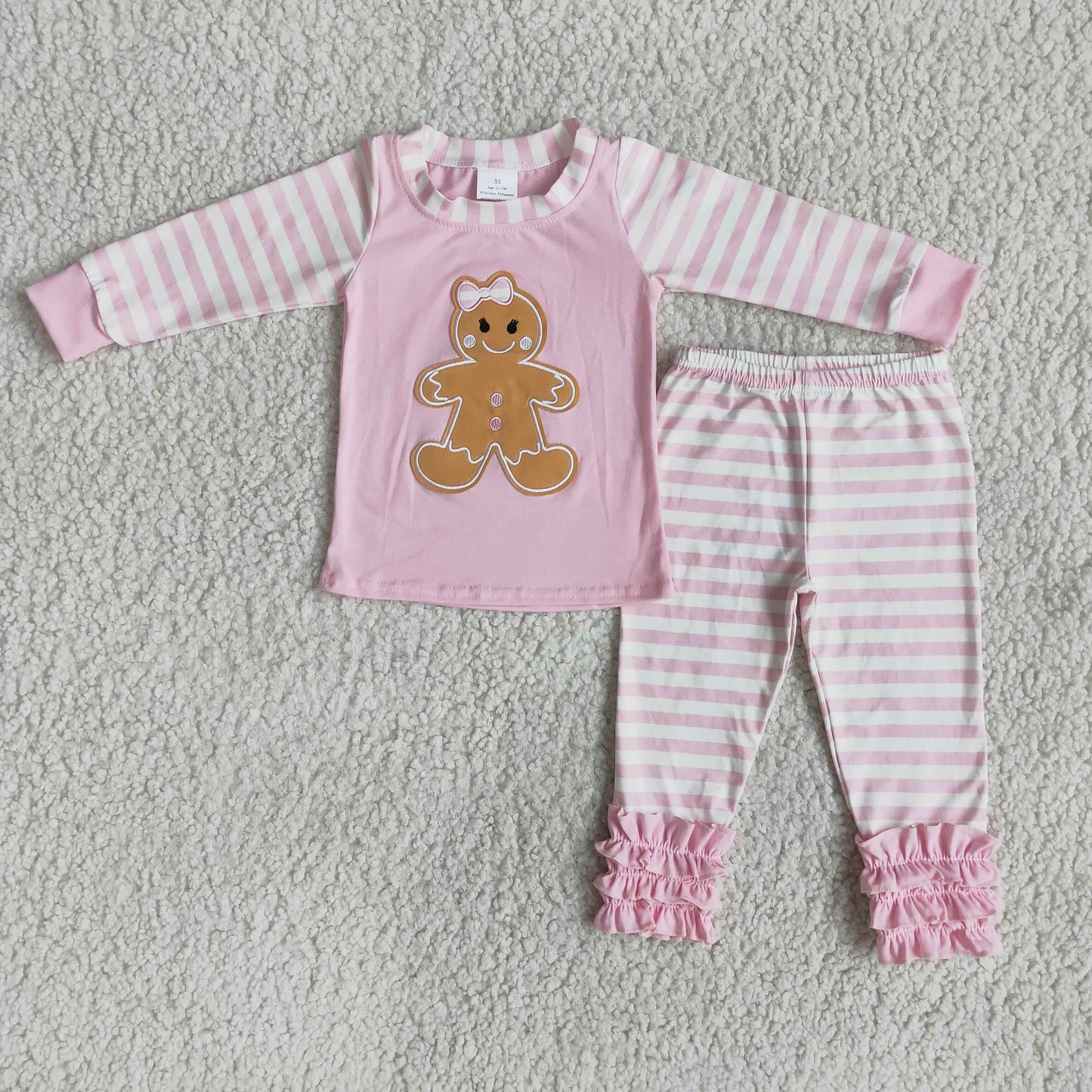 christmas girl pink and white stripes embroidery outfit with long sleeve