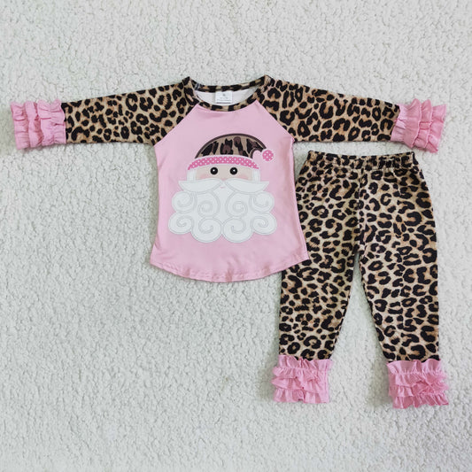 girl pink raglan shirt leopard pants set kids santa long sleeve outfit