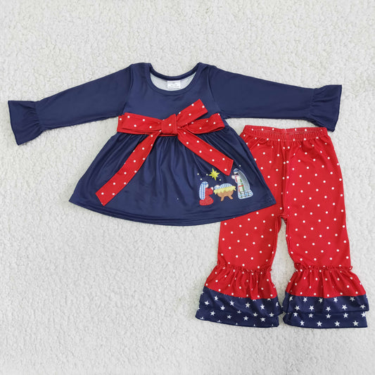 girls winter long sleeve navy tunic white dot pants set with belt