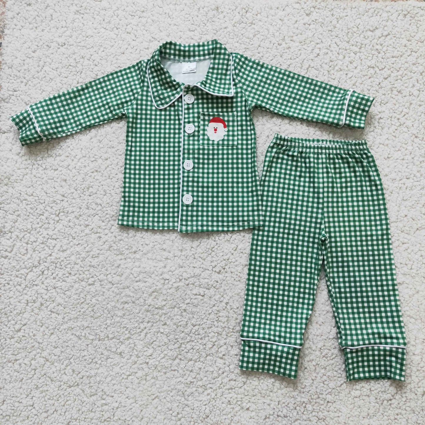 christmas boy milk silk long sleeve pajamas set kids white and green plaids outfit