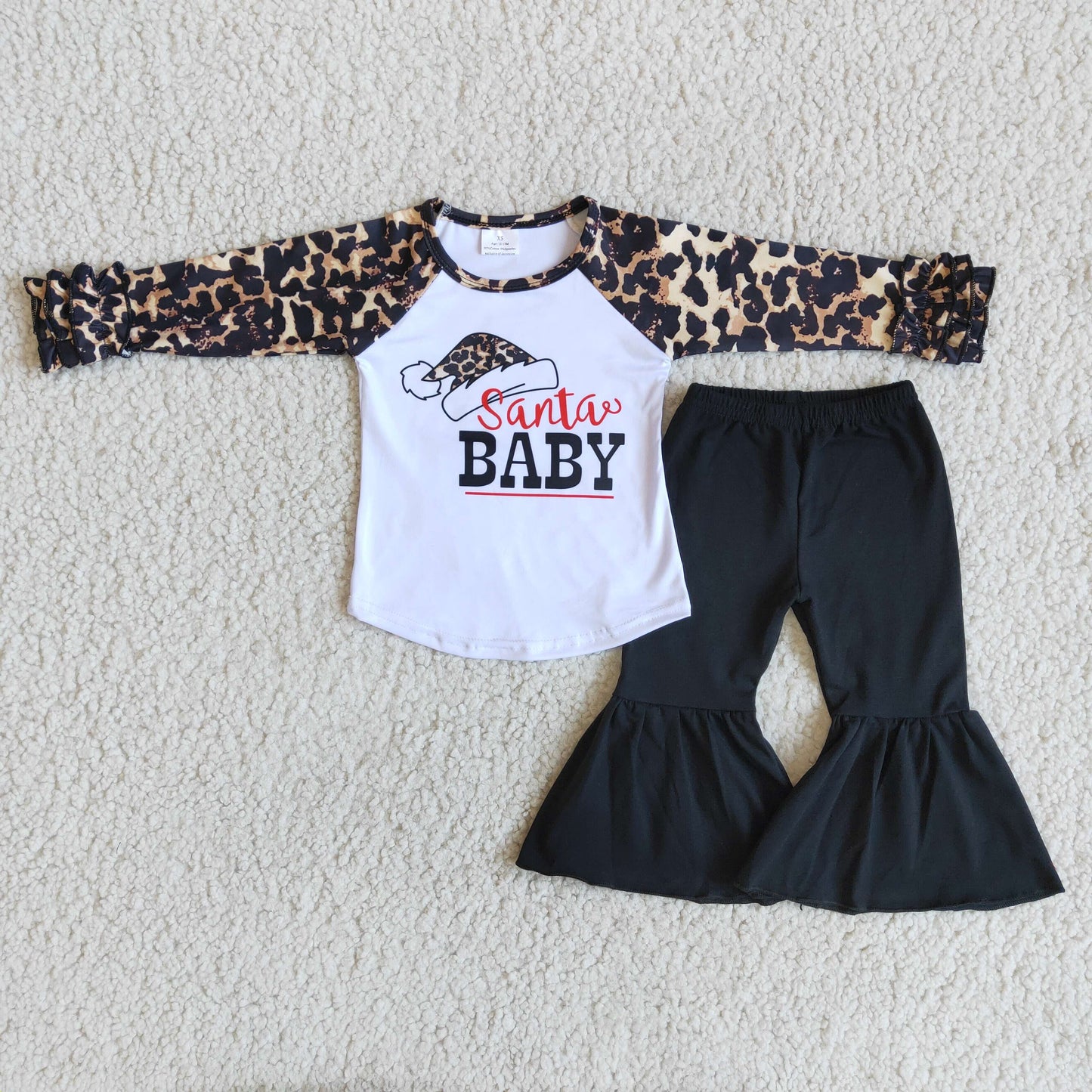 kids long sleeve outfit for Christmas baby girl leopard raglan and black bell pants