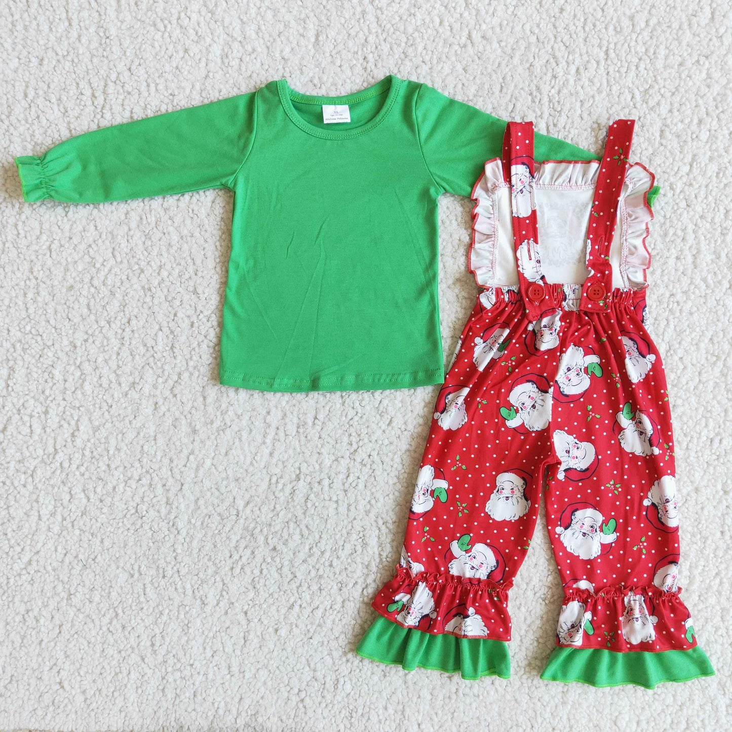 girl fashion style long sleeve outfit christmas green top and overalls set