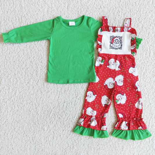 girl fashion style long sleeve outfit christmas green top and overalls set