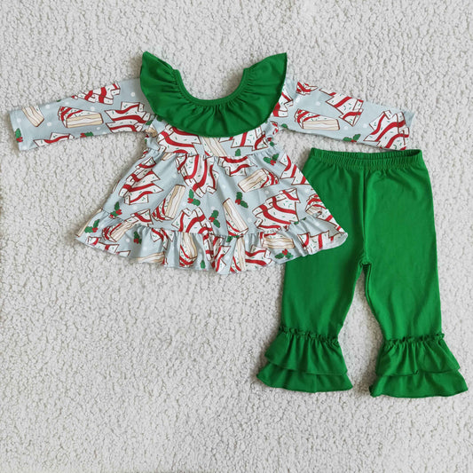 new arrival kids long sleeve tunic top green cotton pants outfit with cake trees