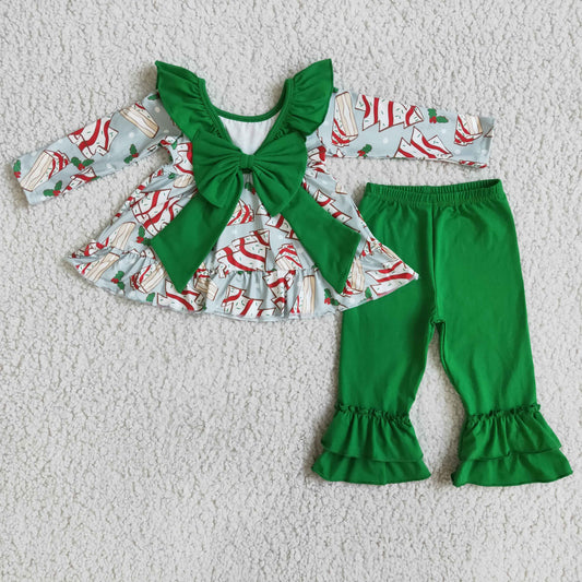 new arrival kids long sleeve tunic top green cotton pants outfit with cake trees