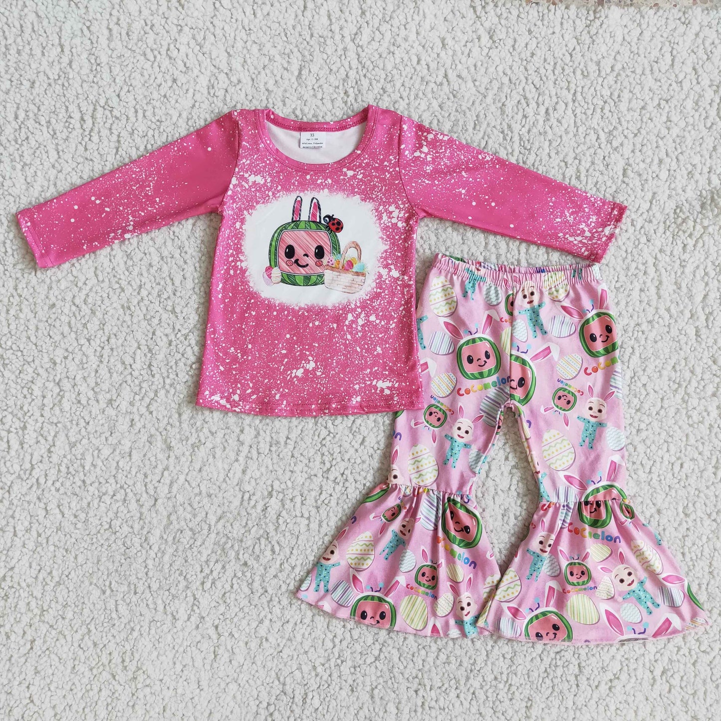 girl pink long sleeve top match eggs print bell pants outfit