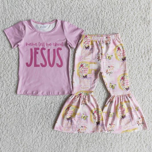 girl pink outfit kids jesus top and print pants suit