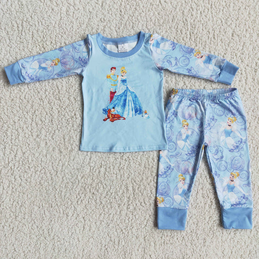 girl blue long sleeve outfit with o-neck kids pajamas set