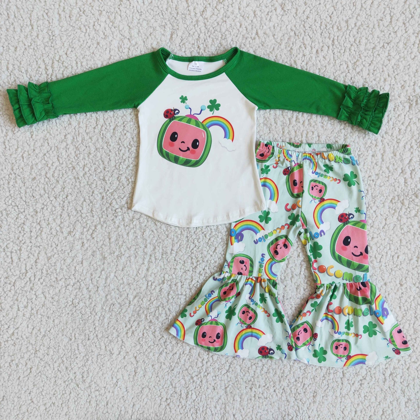 girl rainbow and luck leaf outfit with incing ruffle long sleeve St Partrick outfit