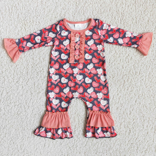 baby girl heart pattern long sleeve romper with pink ruffle