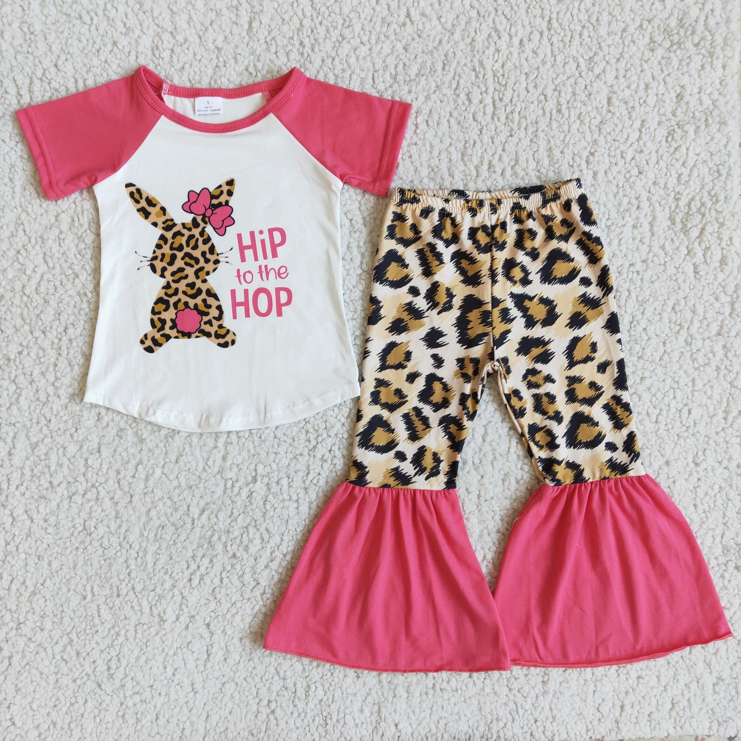 pink pink short sleeve raglan shirt and leopard flare pants 2pieces set girl bunny easter day outfit