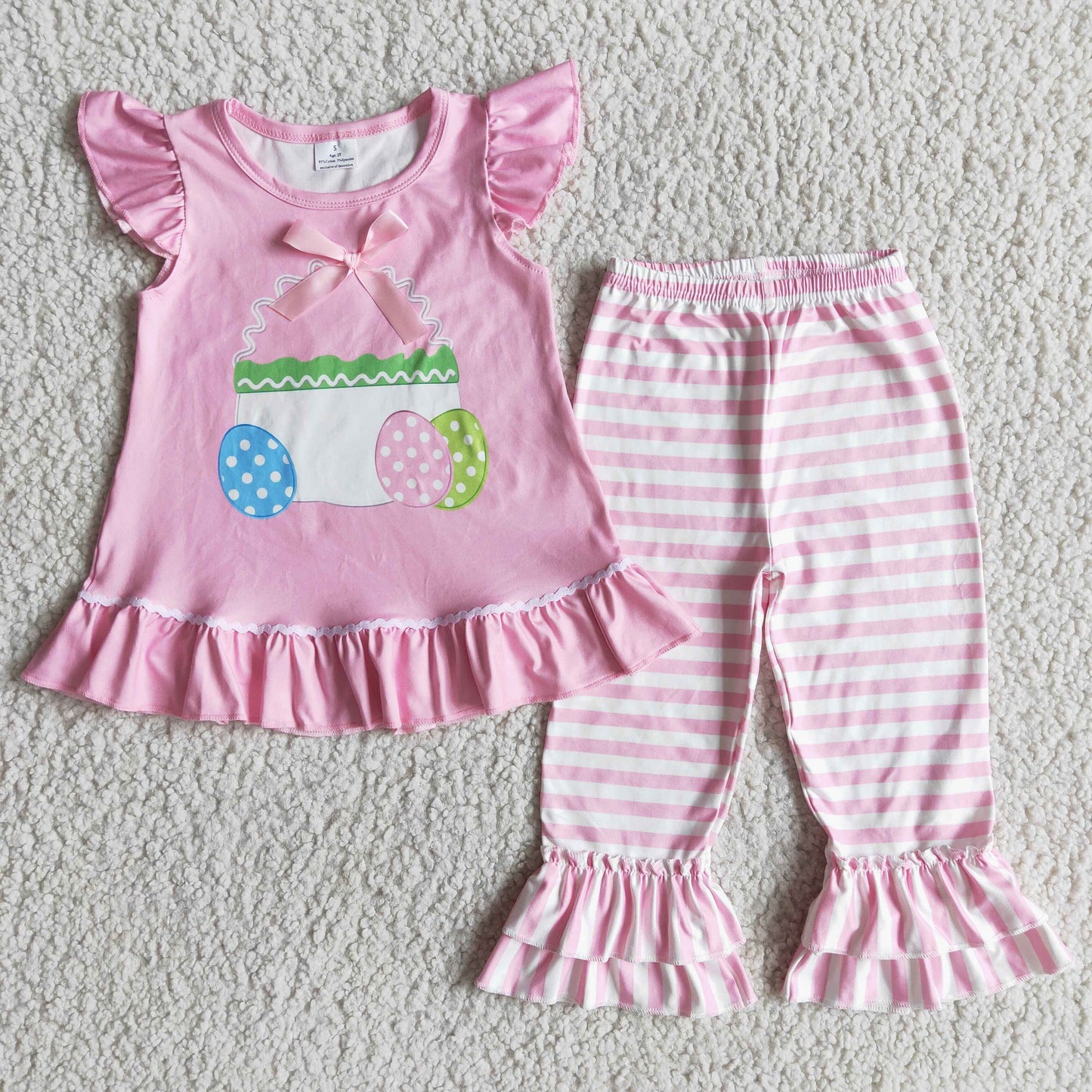 girl pink puff sleeve outfit easter eggs top match stripes suit