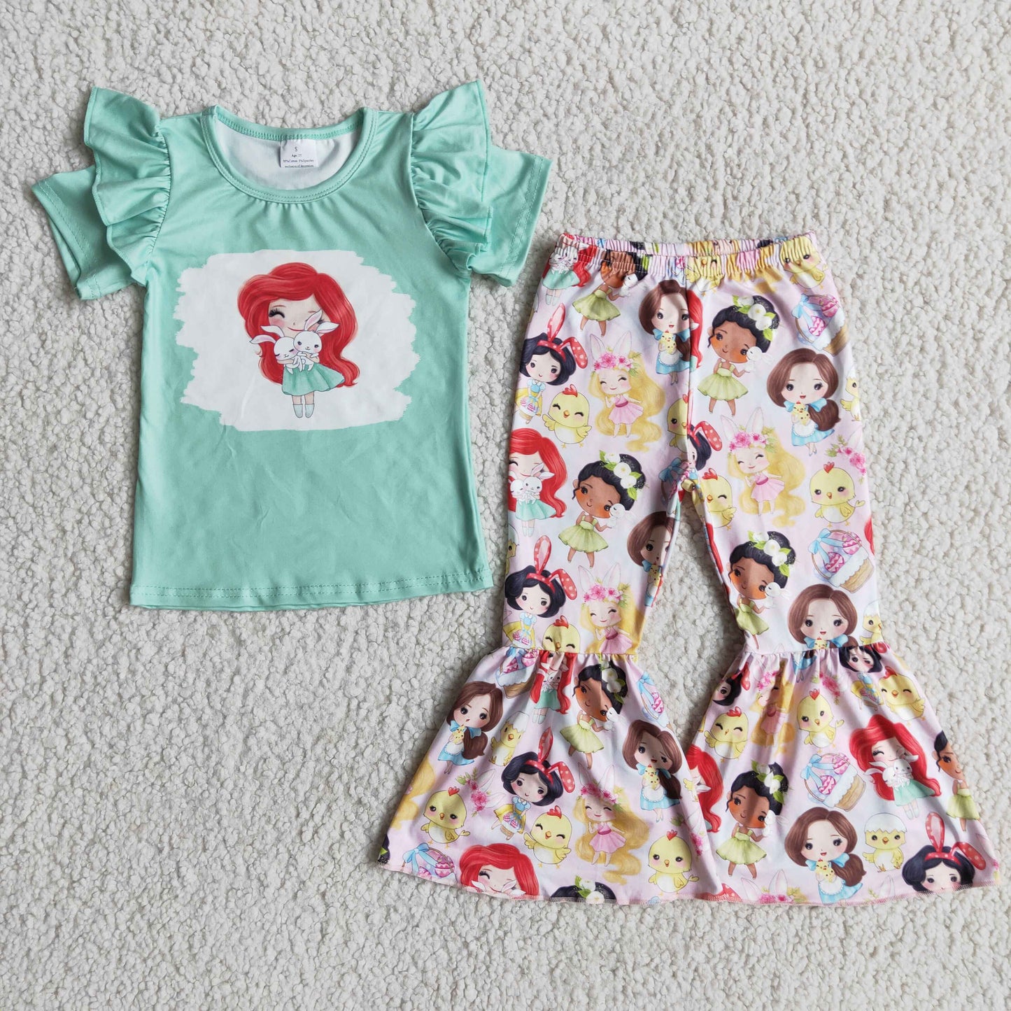 girl mint green short sleeve top and cartoon flare pants kids easter day outfit