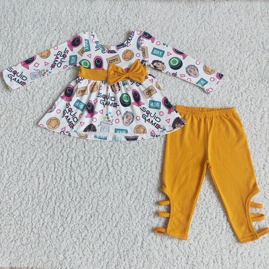 girl autumn long sleeve outfit with yellow legging pants