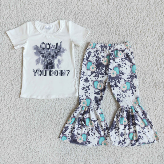 baby girls white shirt sleeve outfit with cow print